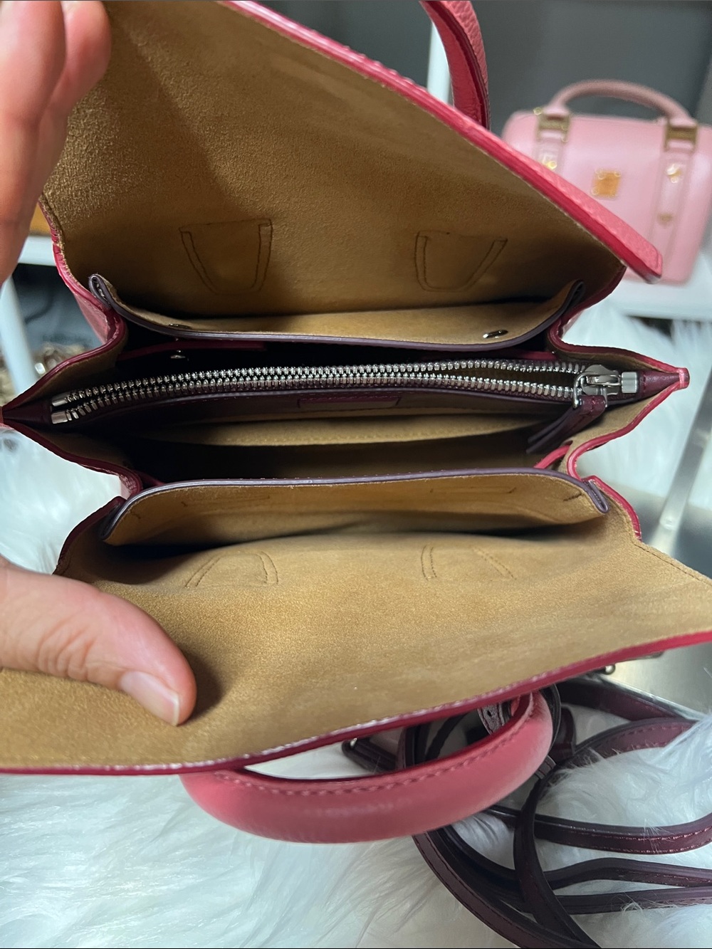 MCM Coral Pink Leather Top-Handle Satchel with Burgundy Tag - Picture 8 of 10